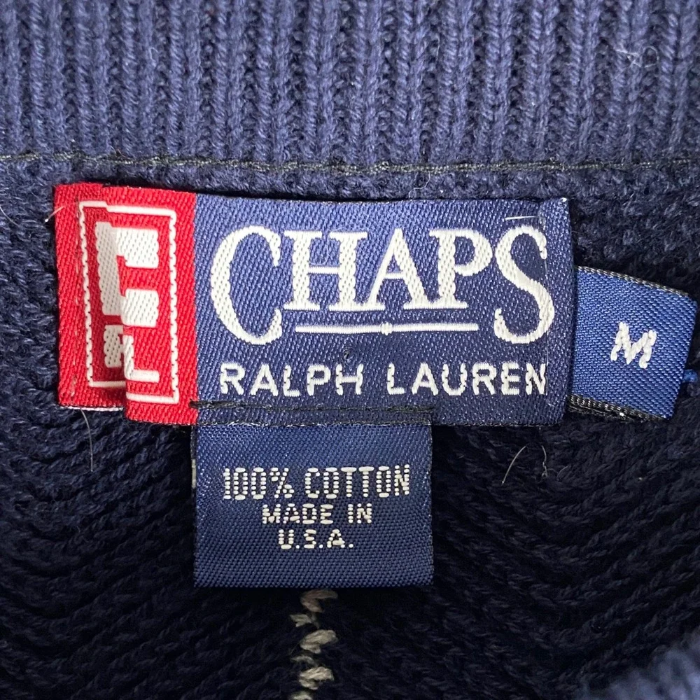 Vintage Ralph Lauren Chaps Sweater Mens M Navy Blue Stripe Herringbone Knit USA
